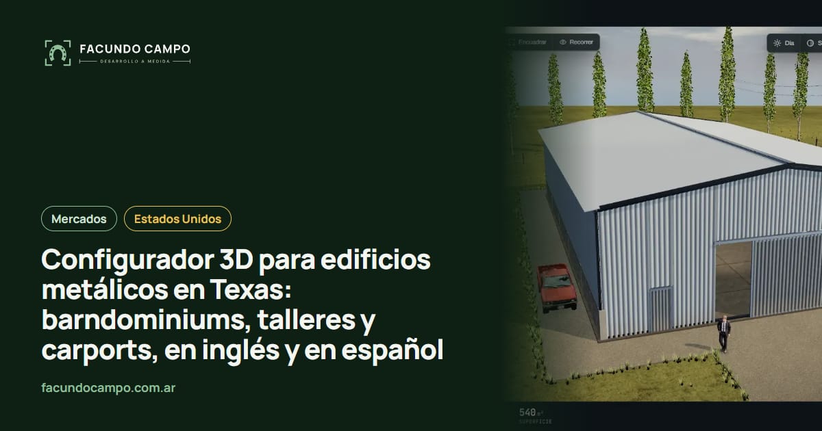Configurador 3D para edificios metálicos en Texas: barndominiums, talleres y carports, en inglés y en español