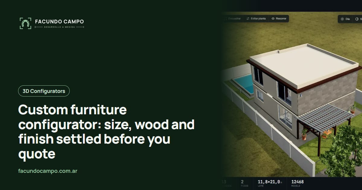 Custom furniture configurator: size, wood and finish settled before you quote