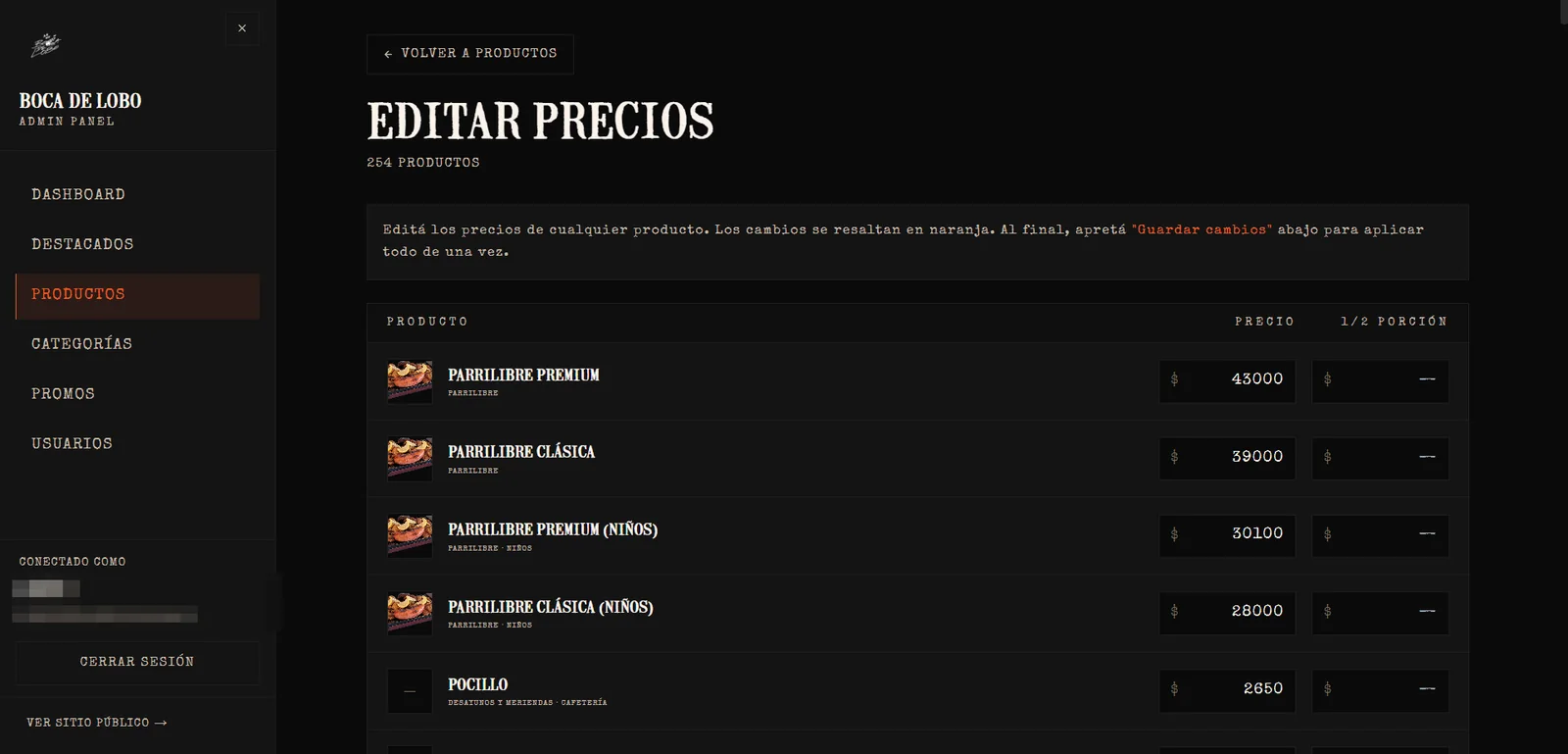 Bulk price editor (254 products)