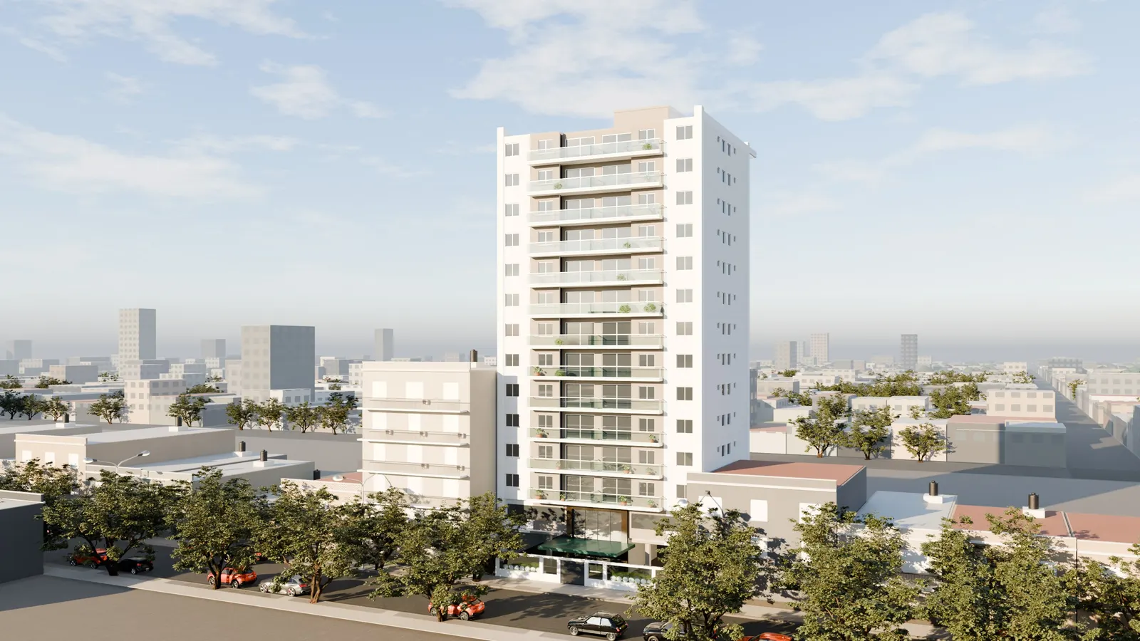 Recorrido 3D — a 12-story building rendered on its real block